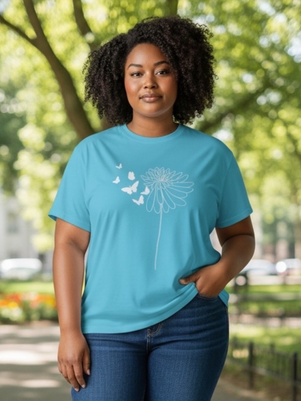 IPG Women's Aqua T-Shirt With Floral Butterfly Graphic Tee